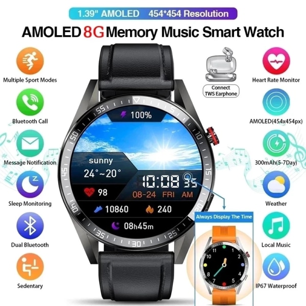 Ny Bluetooth Call Smart Watch 454*454 AMOLED 1,39 tums watch Visa alltid tiden 8GB lokal musik Smartwatch Herr Silicagel Dark gray Original box