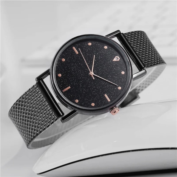 Svarta Kvinnor Klockor Starry Sky Mesh Silikonarmband Kvinna Mode Quartz Armbandsur Damklocka Rea Enkel relogio rose gold