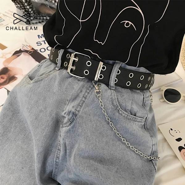 Kvinnor Bälte PU Läder Pin Spänne Punk Wind Jeans Ny stil mode Kvinna Svart Fri storlek Grommet Bälten för byxor 152 177-black Free Size