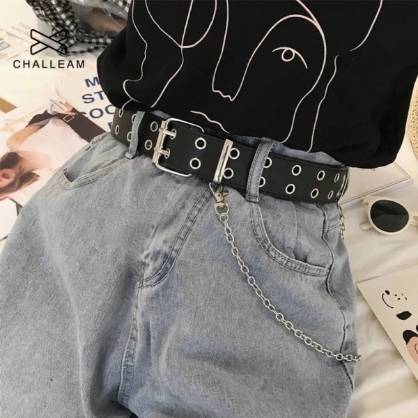 Kvinnor Bälte PU Läder Pin Spänne Punk Wind Jeans Ny stil mode Kvinna Svart Fri storlek Grommet Bälten för byxor 152 Two row with chain Free Size