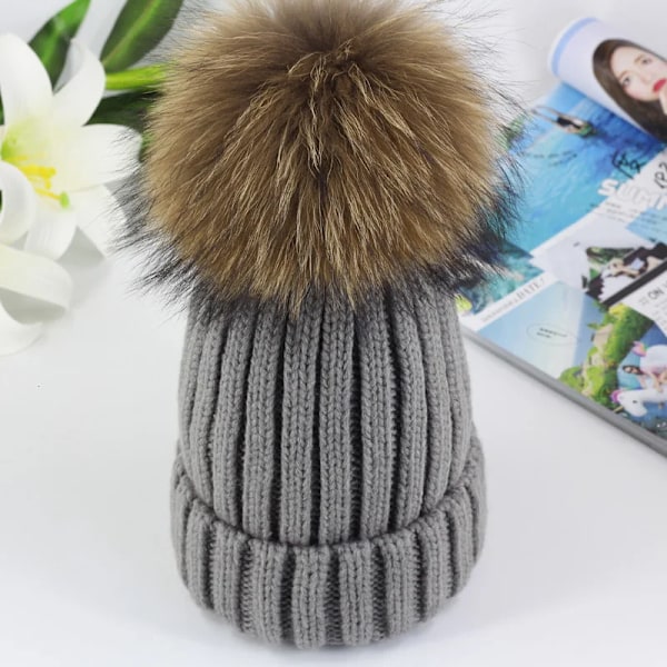 Vintermössa med Pompom i Mink och Ball Cap för Kvinnor och Flickor, Stickad Beanie, Helt Ny, Tjock Kvinnomössa, 50-54-60 cm gray child 50-54CM