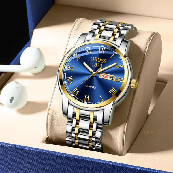 Watch män i rostfritt stål Business Dateklocka Vattentät lysande klockor Herr Lyx Sport Quartz Watch Silver Blue