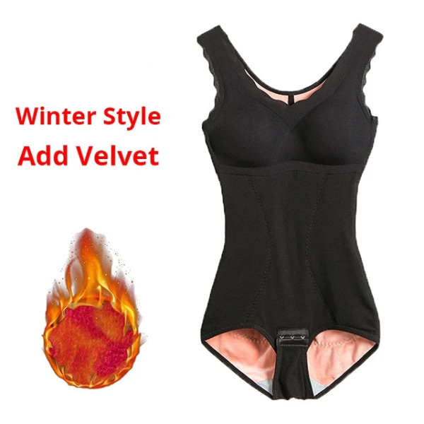 Kvinnor slimmad bodysuit med BH-kuddar Shapewear Vinter sammet Thermal Korsett Gördel Postpartum Modellering Underkläder Faja i ett stycke Black XXL