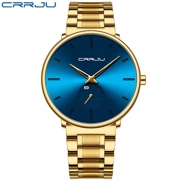 CRRJU Herrklockor Watch i rostfritt stål Casual Lyx Vattentät Watch för Herr Watch Relogio Masculino Gold blue