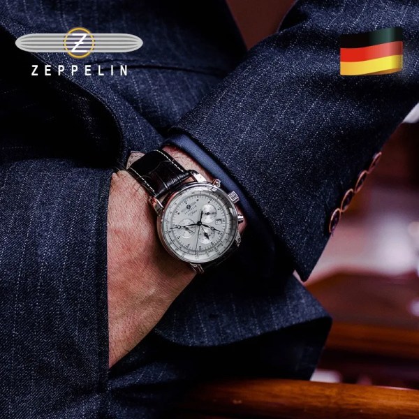 2023 New Zeppelin Watch Fashion Three Eyes Running Second Multifunktionell Chronograph Top Leather Business Quartz Watch Type 5