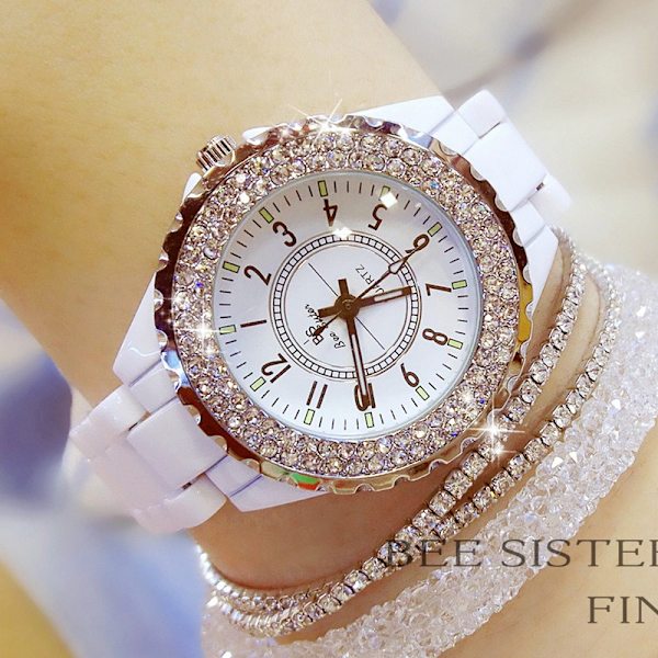 BS 2020 Toppmärke Watch för kvinnor Vit keramiskt band Watch Kvartsmode Dam Strass Svarta klockor white