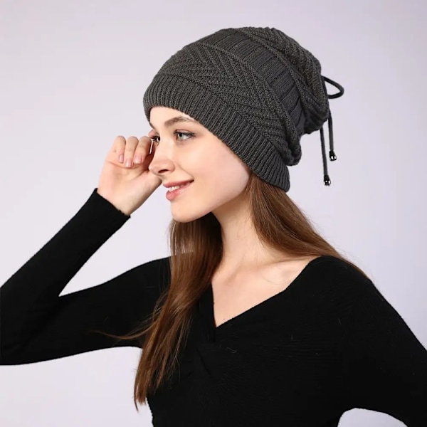 Mode Stretchig Stickad Skullies Beanies Hatt Solid Snood Halsduk Varm Beanie För Kvinnor Höst Vinter Kvinnlig Beanie Mössa New Black One Size
