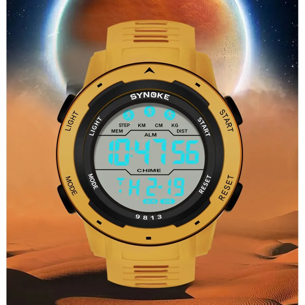 SYNOKE Herr Watch Sportklockor Timing Funktion Väckarklocka Vattentät 50M Watch Militärklocka Stor skärm yellow