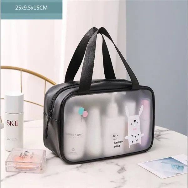 Kvinnor Transparent Vattentät PVC kosmetikaväska Bärbar Nödvändig kosmetisk väska Organizer Mode små stora toalettväskor Medium  black
