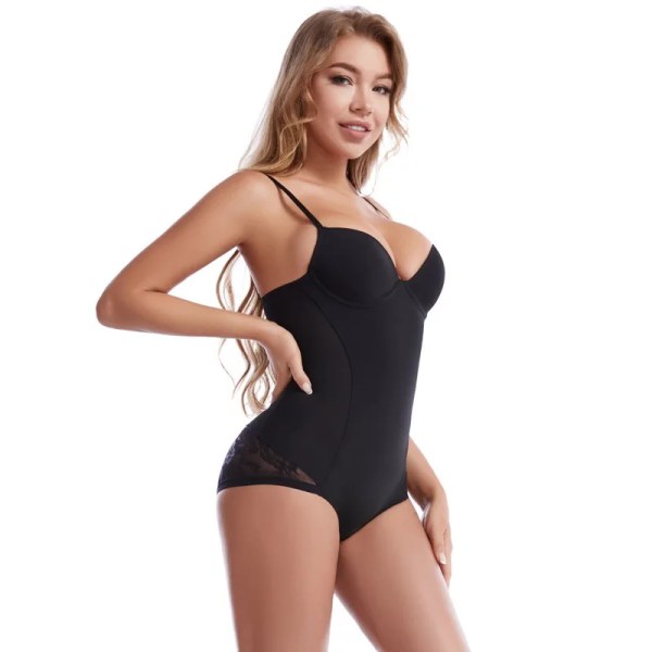 Full Body Shapewear Kvinnor Spets Djup V Body Kroppsformning Postpartum Magen Spännande Bälte BH Justerbar brösthållning black L