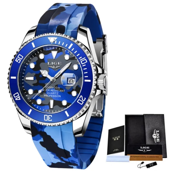 LIGE New Fashion Herrklockor Toppmärke Lyx Kamouflage Quartz Watch Man Sport Röd Watch för män Reloj Hombre Blue