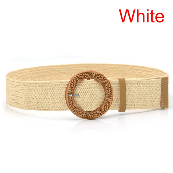 Mode kvinnor Elastiskt bälte runt spänne Vintage Boho halm vävt bälte klänning bälte White