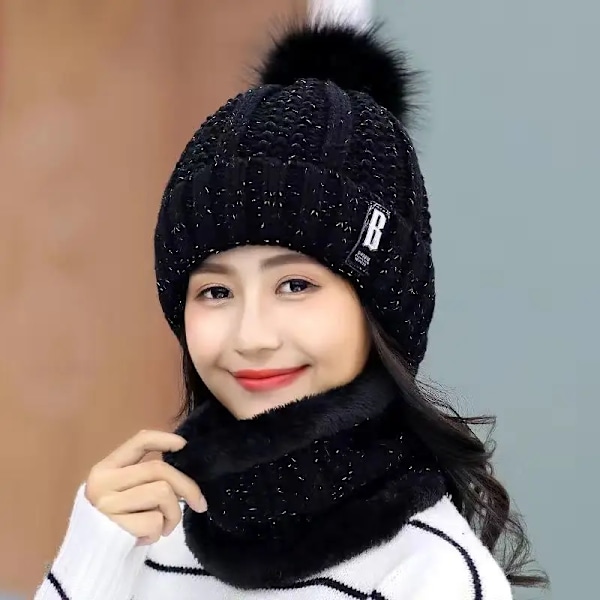 Dam Knittad Hatt Skidhatt Set Vindtät Vinter Utomhus Stickad Tjock Siamese Halsduk Krage Varm Håll Ansiktet Varmare Beanies Hatt Black2