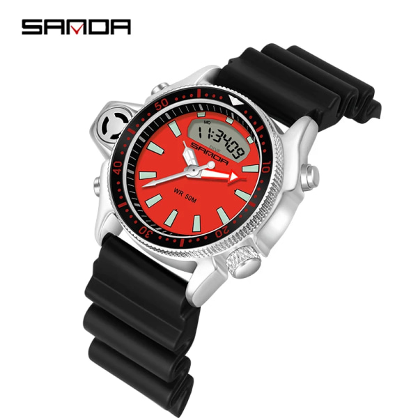 SANDA Sport Män Quartz Digital Watch Creative Dyk Watches Herr Vattentät Alarm Watch Dual Display Klocka Relogio Masculino Black red