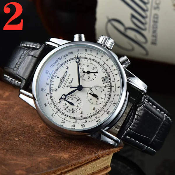Ny Zeppelin Watch Top Vattentät äkta läder Business Casual Quartz Watch Herr tre ögon multifunktionell kronograf Type 2