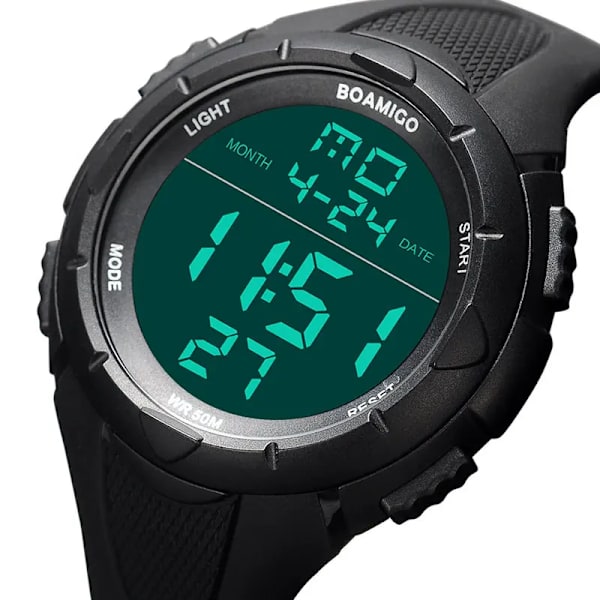 herr sportklockor herr digitala klockor BOAMIGO märke watch stor urtavla LED display armbandsur fitness present klocka 5105 Black