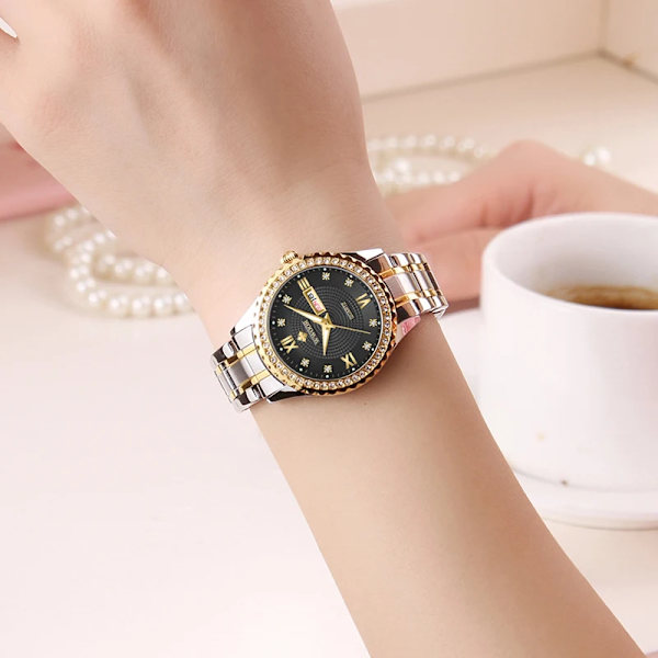 WWOOR Damklockor Märke Lyx Diamond Dress Quartz Watch i rostfritt stål Armband för Kvinnlig presentklocka gold gold box