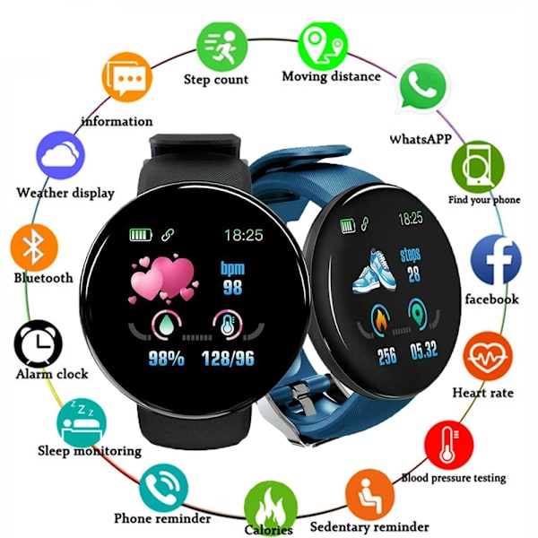 Män Klockor Blodtryck Rund Smart watch Dam Vattentät Sport Puls Fitness Tracker Klockor för Android IOS Telefon D20 Red