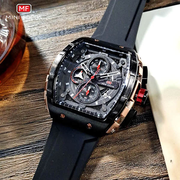 MINI FOCUS Chronograph Quartz klockor för män Militär sport silikonrem Vattentät armbandsur med Tonneau Dial Auto Date 0399Orange