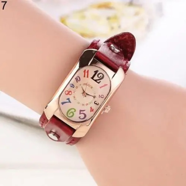 Mode Casual Damklocka Kunstläder Diamantband Avlångt case Quartz Watch kvinnor Red