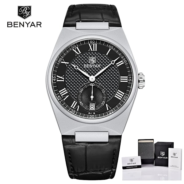 BENYAR Herrklockor Retro Dial Quartz Watch For Herr Lyx 40MM Militärläder Originalklockor Vattentät klocka Reloj Hombre Silver Black
