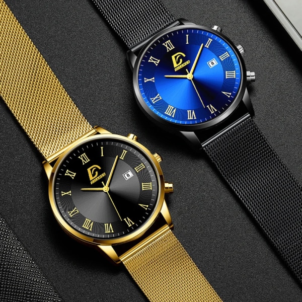 2022 Lyxmode Herr Minimalist Klockor Lyx Rostfritt Stål Mesh Bälte Watch Män Business Casual Clock reloj hombre M Black Blue