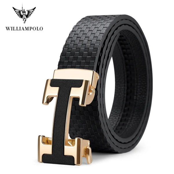 WILLIAMPOLO berömda märkesbälte män högsta kvalitet äkta lyx koläderbälten för män Armband Man Metall Mode Automatiskt spänne Gold 125cm