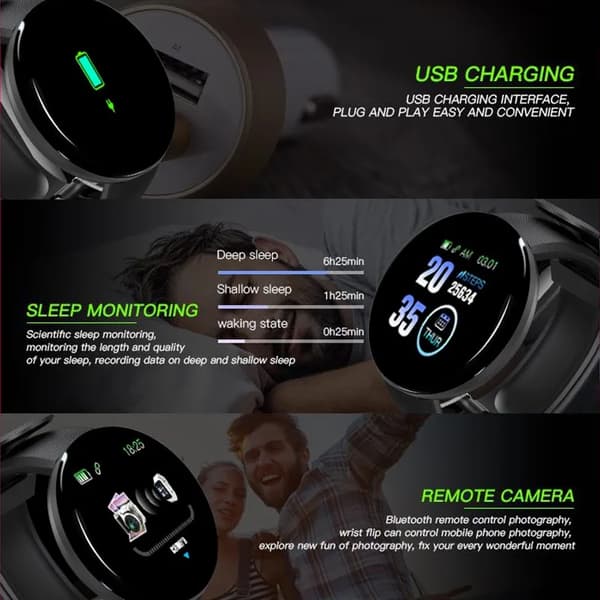Digital Klocka herrklockor Blodtryck Rund Smart klocka Kvinnor Smart Armband Vattentät Sport Tracker För Android IOS Black