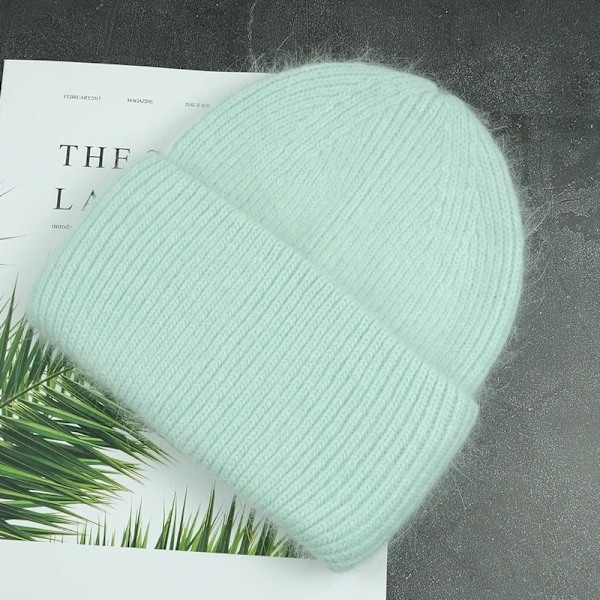 Bästa fluffiga Angora vintermössa för kvinnor Super varm mössa Tjock stickad mössa Mode Green 53-60CM
