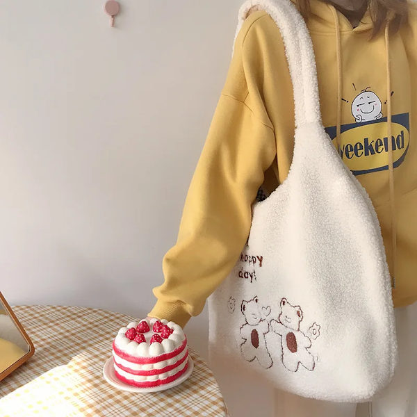 Lammliknande kvinnor Axelväska i canvas Varm plyschtyg Tyg Söt Bear Handväska Mjuk väska Shoppingväskor med stor kapacitet för damer BEARS White lining