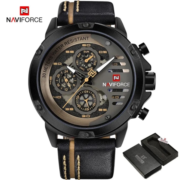 NAVIFORCE Herrklockor Toppmärke Lyx Vattentät 24 timmar Date Quartz Watch Man Läder Watch Herr Vattentät klocka BYBN BOX