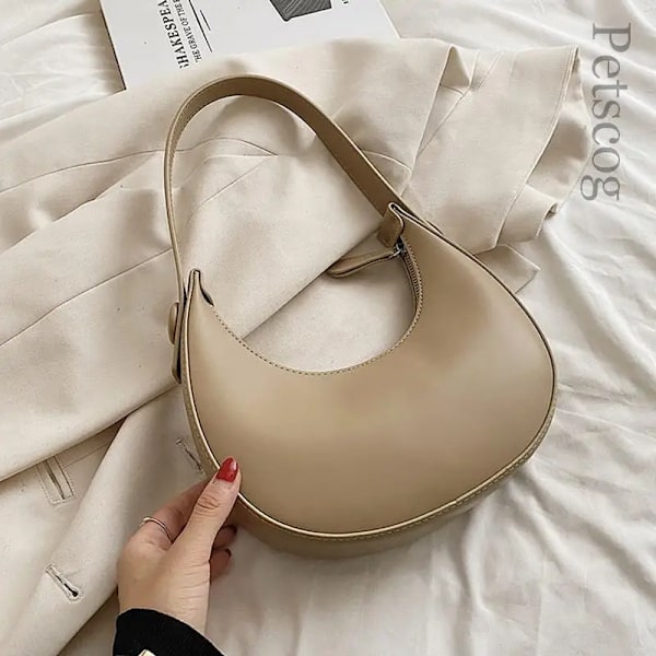 Mode Vita Axelväskor För Kvinnor Pu Läder Enfärgad Half Moon Crossbody Bag Designer Dam Handväskor Dam Underarmsväskor Khaki (20cmMax Length30cm)