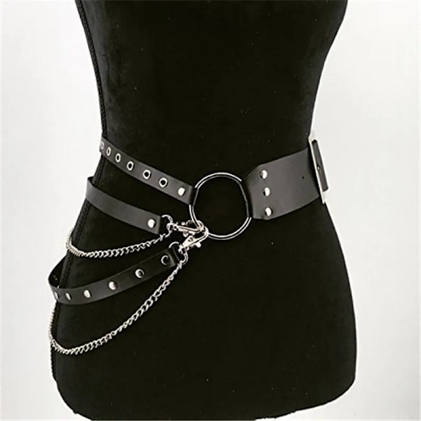 Mode Kvinnor Gotisk Punk Midjebälte Kedja Metall Cirkel Ring Design Silver Nål Spänne Läder Svart midjeband Jeans Midjebälten Black