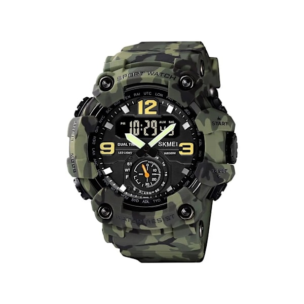 Skmei Multifunktionella Chrono Digitala klockor Herr Dual Movement 3 Time Sport Armbandsur Vattentät Elektronisk Klocka Reloj Hombre Green camouflage