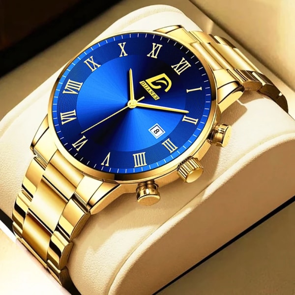 2022 Mode Herr Guld Klockor i rostfritt stål Lyx Minimalistisk Quartz Armbandsur Herr Business Casual Watch relogio masculino Leather Gold Blue