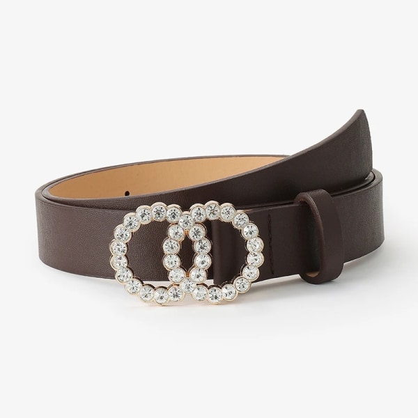D&T 2021 New Fashion Bälte Dam Två Cirkel Diamant Dekorera Spänne PU Läder Material Bälte Kvinna Casual Style Elegant midja brown 105CM