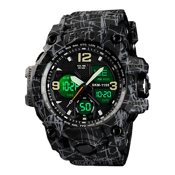 SKMEI 2 Time Herrklocka Man Elektroniska Sportklockor Stoppur Bakljus Alarm Vattentät Quartz Clock reloj hombre 1155B Gray Black Watch