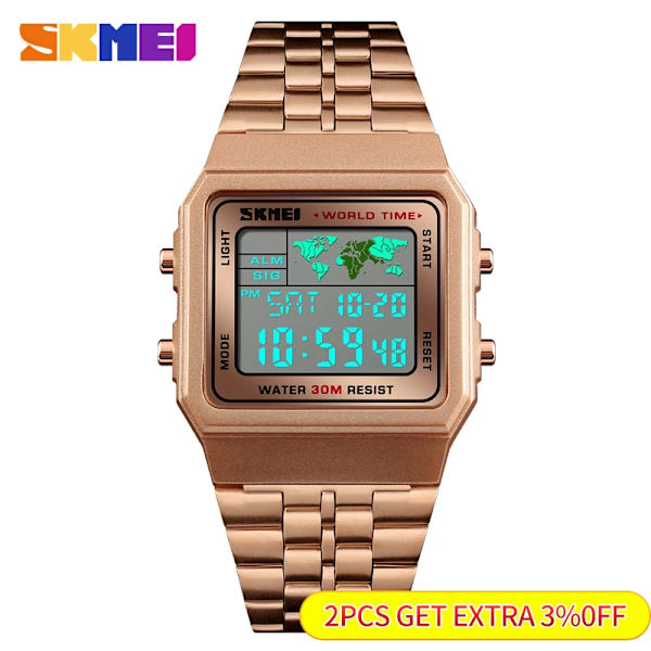 SKMEI Top Lyx Mode Watch Herr Väckarklocka 3Bar Vattentät Rostfritt stål Armband Digitala klockor reloj hombre 1338 black with box