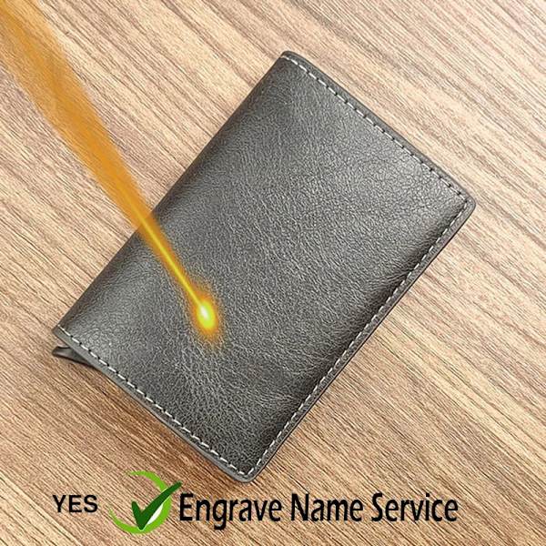 Gravyr Anpassat namn ID Kreditkortshållare Plånböcker Märke Märke Rfid Blockering Magic Läder Smal Miniplånbok Liten Pengaväska Handväska Gray(Name Service)