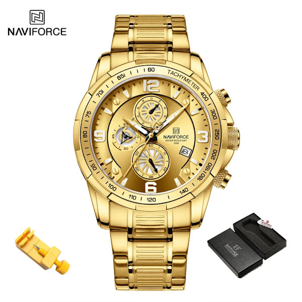 NAVIFORCE Temperament Herr Lyx Mode Design Guld Herr Klockor Multifunktion Luminous Quartz Armbandsur för män Relogio Masculino GG-BOX