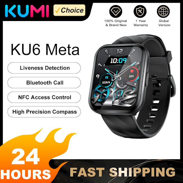 Världspremiär KUMI KU6 Meta Smart Watch 1,96 tum NFC Smartwatch Bluetooth Call Sport Pulsmätare IP68 Vattentät Silver