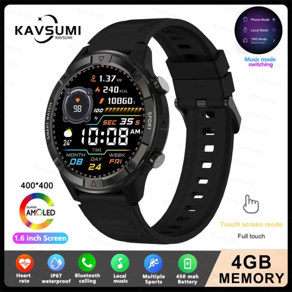 Ny 4G Memory Smart Watch AMOLED 454*454 HD Visa alltid tiden Bluetooth Ring Smartwatch For Herr Huawei TWS hörlurar Black 4GB Memory