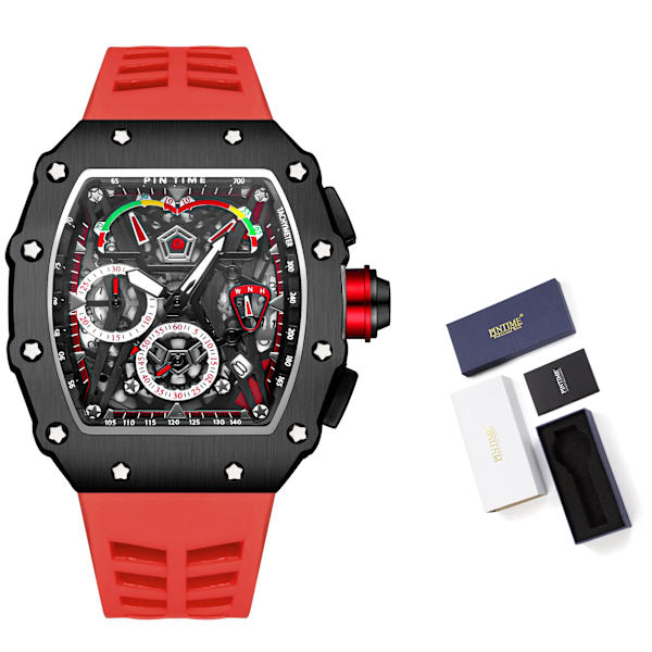 PINTIME Kampanj Rea Män Mode Sport Watch Kronograf Funktion Stoppur Röd gummirem Auto Date Man Lyx Armbandsur 8 with box