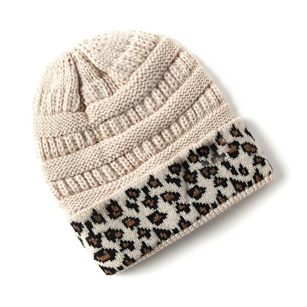 10 Färger Leopard Beanie Kvinnor Stretch Stickad Virkad Beanies Vintermössor För Kvinnor Varma Dam Messy Beige One Size