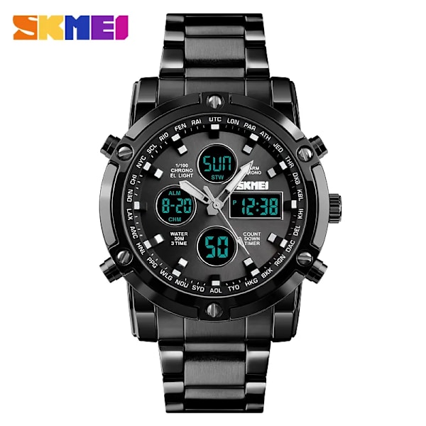 Herrklockor Dual Display LED Digital Vattentät Full Steel Quartz Watch Herrklocka Lyxmärke Relojes SKMEI 2018 Black