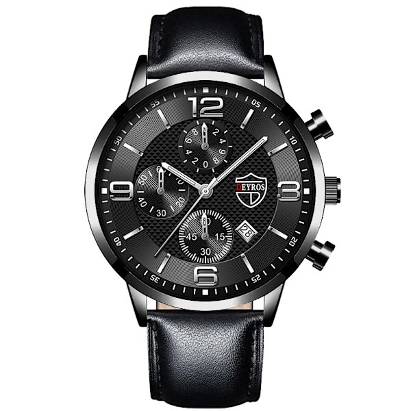 Lyx Herr Klockor i rostfritt stål Mode Herr Affär Läder Watch Man Kalender Datum Lysande klocka relogio masculino Leather Black Silver