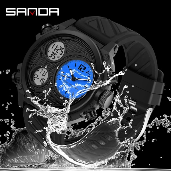 SANDA LED Digitala Sportklockor 50m Vattentät Elektronisk Armbandsur Tregångsvisning Quartz Watch for Herr Väckarklocka 3002 black