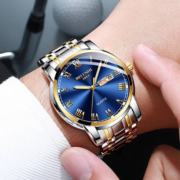 BELUSHI Herrmode Business Quartz Klockor Topp Lyx Märke Helt Stål Vattentät Analog Armbandsur Herr Kalenderklocka Silver