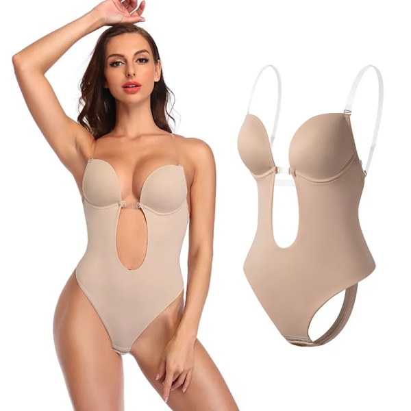 Sexig Djup V-hals Rygglös Body Shaper BH Body String String Shapewear Dam Naken Svart Osynlig Magkontroll Underkläder Bröllop Nude M