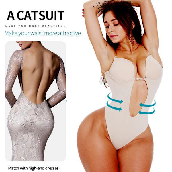 Body Shapewear Deep V Full Body Shaper Rygglös U Plunge Thong Waist Trainer Dam Klänning Underkläder Vadderad BH Push Up Korsett hot red M (34)